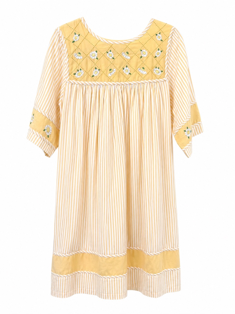 Vintage Women Yellow Stripe Embroidered Smocked House Dress/ Mu Mu
